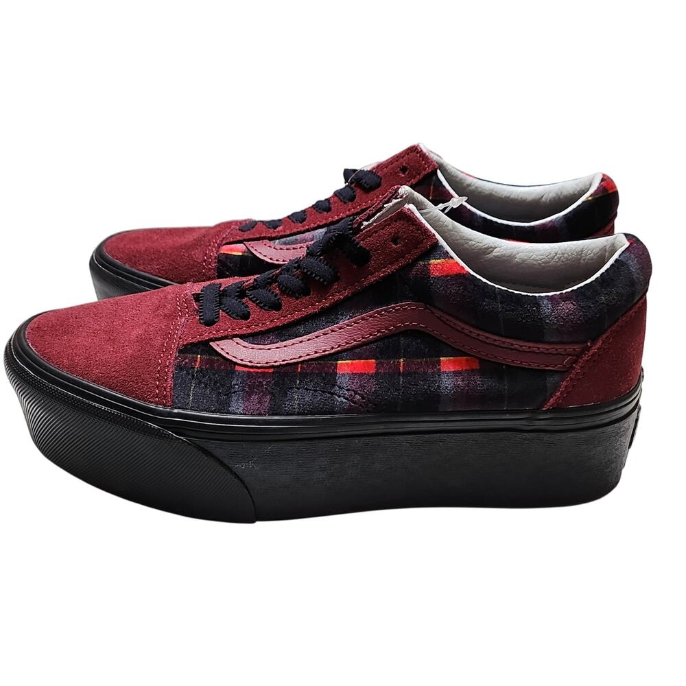 Vans Old Skool Stackform Platform Velvet Plaid Red Sneakers Shoes Women's 7 NWOB